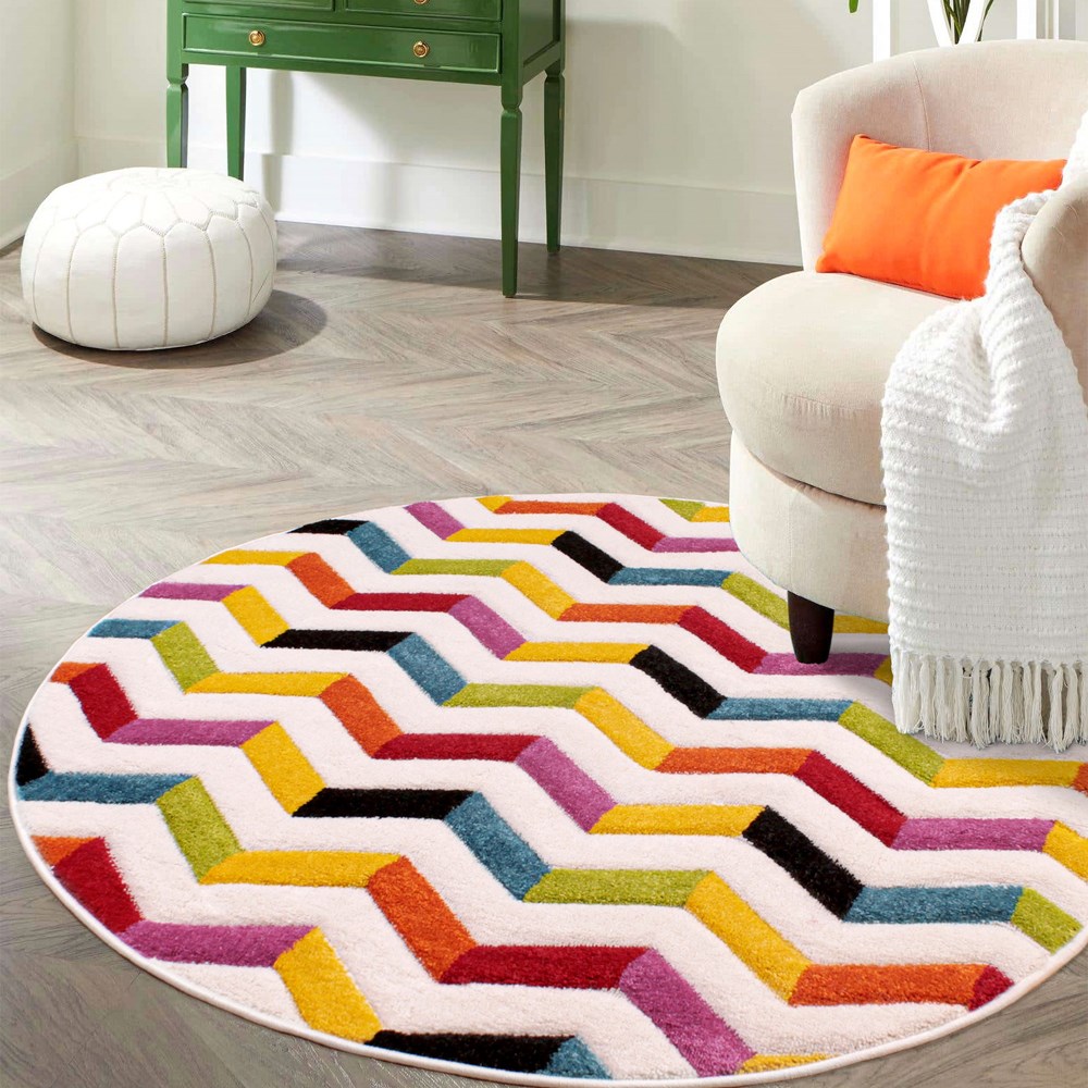 Spectra Coral Carved Chevron Modern Circle Rugs in Multi